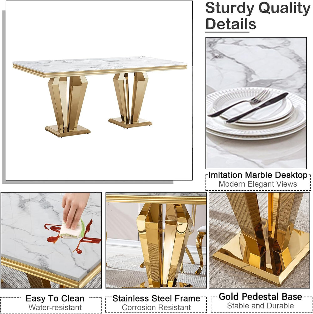 7 Piece Marble Dining Table Set for 6, Luxury Gold Kitchen Table and Chairs S...