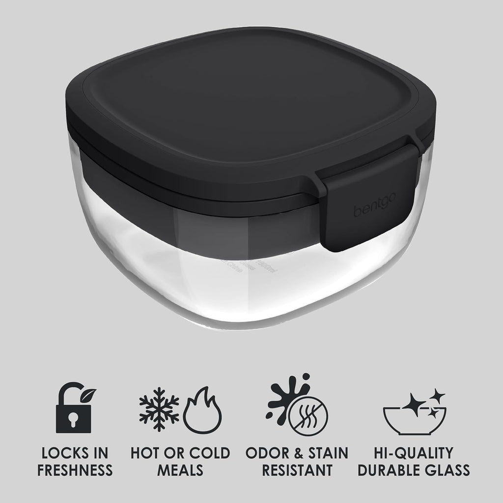 Bentgo Glass All-in-One Salad Container - Large 61-oz Salad Bowl with Lid, 4-Compartment Bento-Style Tray, 3-oz Sauce Container, and Reusable Fork - Dishwasher, Microwave, and Oven Safe (Black Onyx)