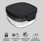 Bentgo Glass All-in-One Salad Container - Large 61-oz Salad Bowl with Lid, 4-Compartment Bento-Style Tray, 3-oz Sauce Container, and Reusable Fork - Dishwasher, Microwave, and Oven Safe (Black Onyx)