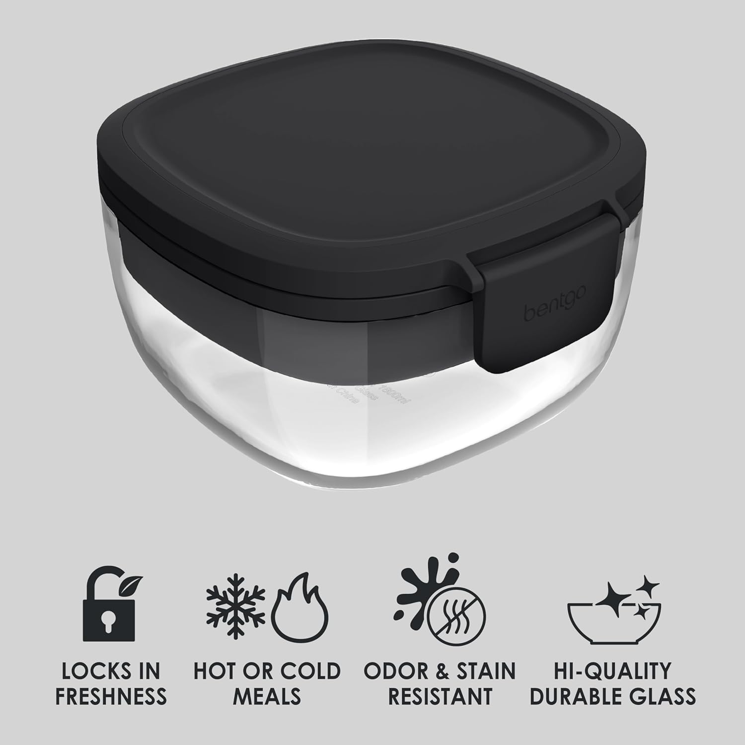 Bentgo Glass All-in-One Salad Container - Large 61-oz Salad Bowl with Lid, 4-Compartment Bento-Style Tray, 3-oz Sauce Container, and Reusable Fork - Dishwasher, Microwave, and Oven Safe (Black Onyx)