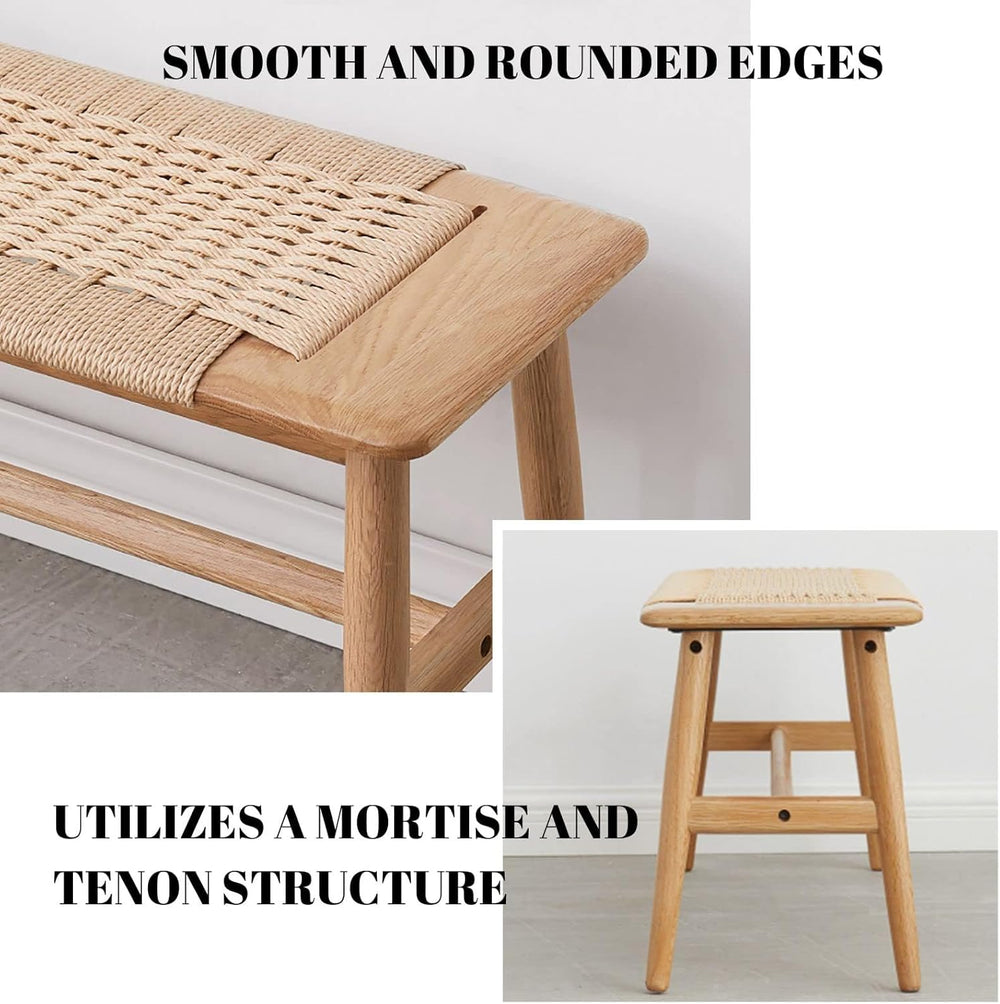 100% Solid Oak Wood Bench,Hand Woven Design,Solid Mortise and Tenon Construct...