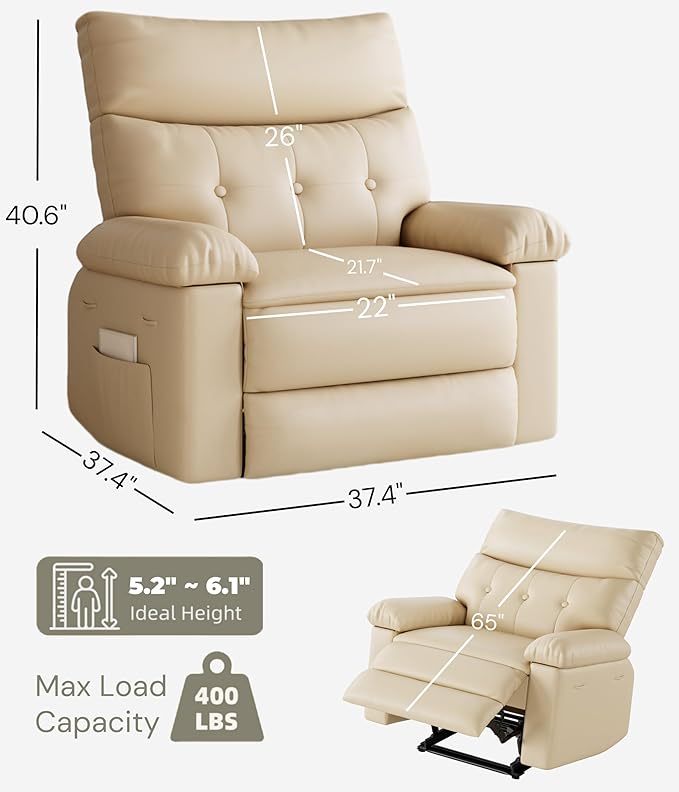 GarveeHome Oversized Recliner Chair - PU Leather Manual Recliner for Adults, Lazy Chair with 1.5X Sponge Comfort Arm and Back for Living Room, Bedroom