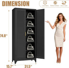 75" Tall Kitchen Storage Cabinets with 5 Adjustable Shelves, Black | Metal Storage Cabinet, Pantry with Louvered Doors, Large Cupboard, Locker for Kitchen, Office, School, Living Room, Dining