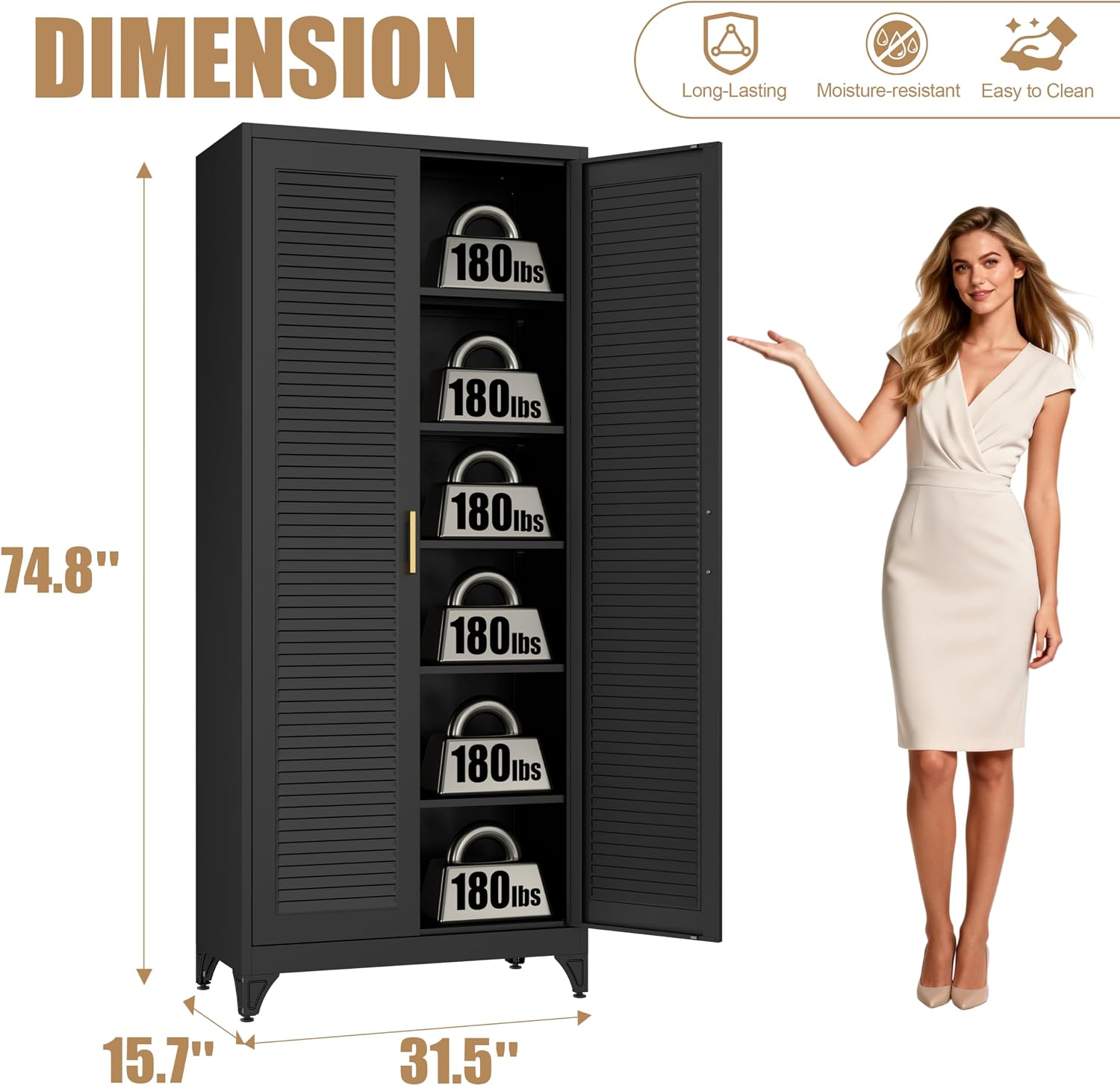 75" Tall Kitchen Storage Cabinets with 5 Adjustable Shelves, Black | Metal Storage Cabinet, Pantry with Louvered Doors, Large Cupboard, Locker for Kitchen, Office, School, Living Room, Dining
