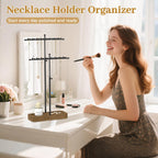 MODOWEY Necklace Holder Organizer Stand with 36 Hooks, Tall Display Tree Rack for Women Men Jewelry Storage, Adjustable 2 tier Metal Hanger Wood Tray for Vendor, Large Capacity for Dresser Small Space