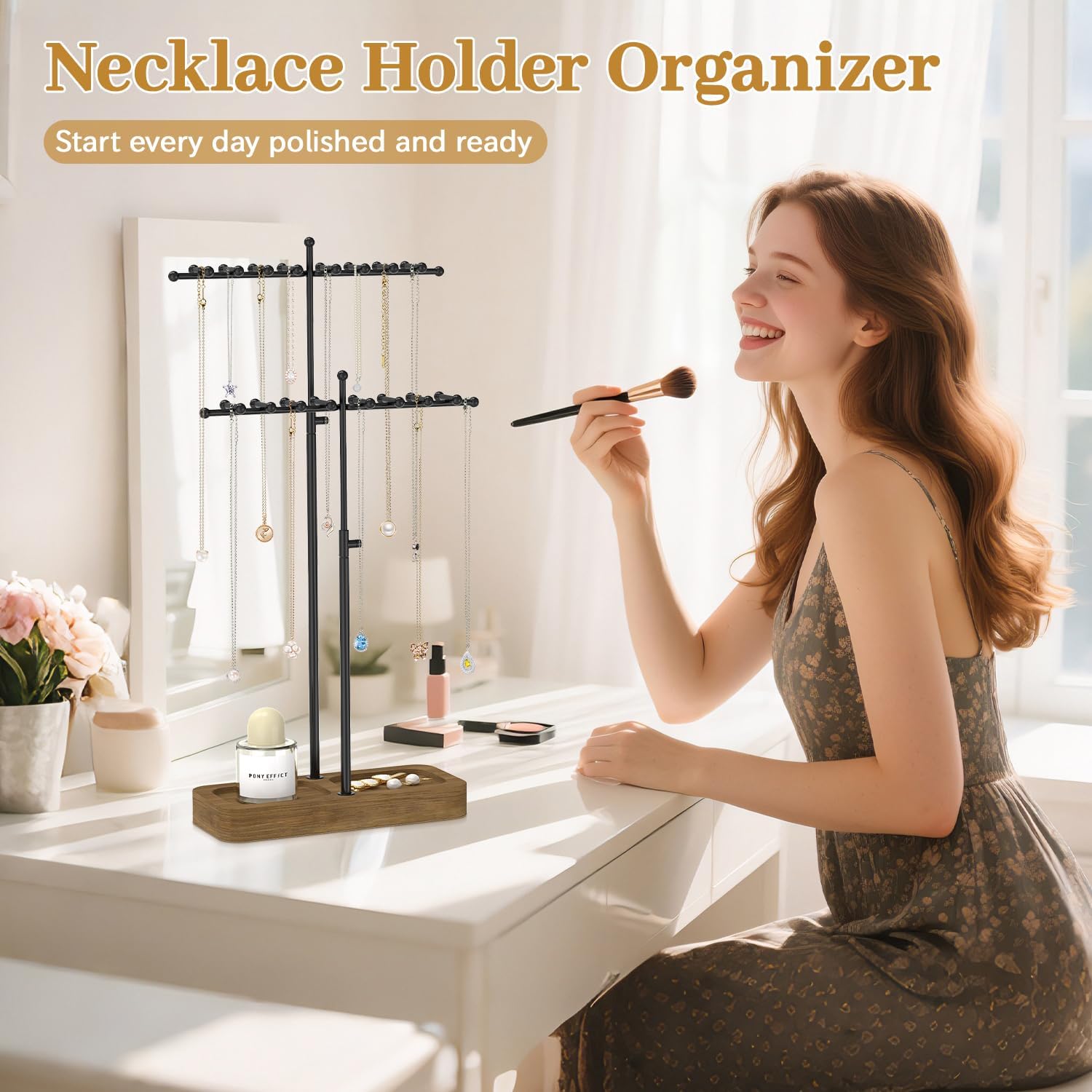 MODOWEY Necklace Holder Organizer Stand with 36 Hooks, Tall Display Tree Rack for Women Men Jewelry Storage, Adjustable 2 tier Metal Hanger Wood Tray for Vendor, Large Capacity for Dresser Small Space