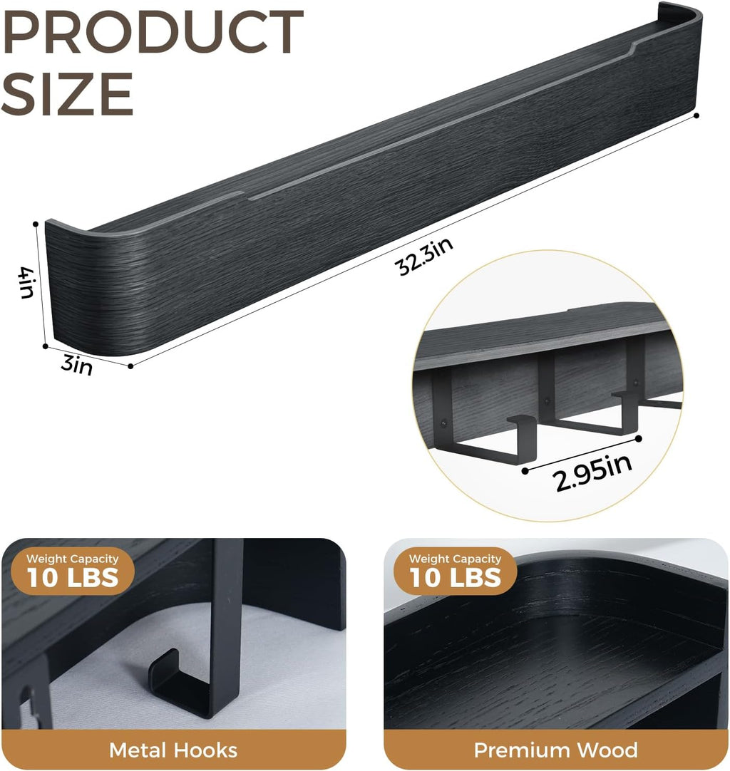 Wall Coat Rack Floating Shelves Modern Coat Rack Wall Mount with Storage Entryway Shelf Wooden Hanger 20 Inch 4 Hidden Metal Hooks for Living Room Bedroom (Black, 8 Hooks)