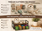 Wood & Matte Black Metal Tea Bag Organizer with Drawer, 8 Compartments Tea Storage Holder with Top Tray, Multi-Purpose Countertop Caddy for Tea Bags, Coffee Pods & Spices