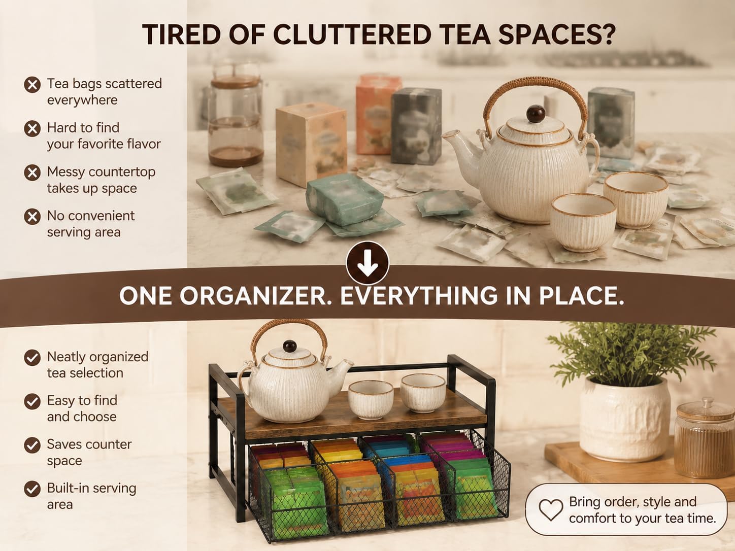 Wood & Matte Black Metal Tea Bag Organizer with Drawer, 8 Compartments Tea Storage Holder with Top Tray, Multi-Purpose Countertop Caddy for Tea Bags, Coffee Pods & Spices