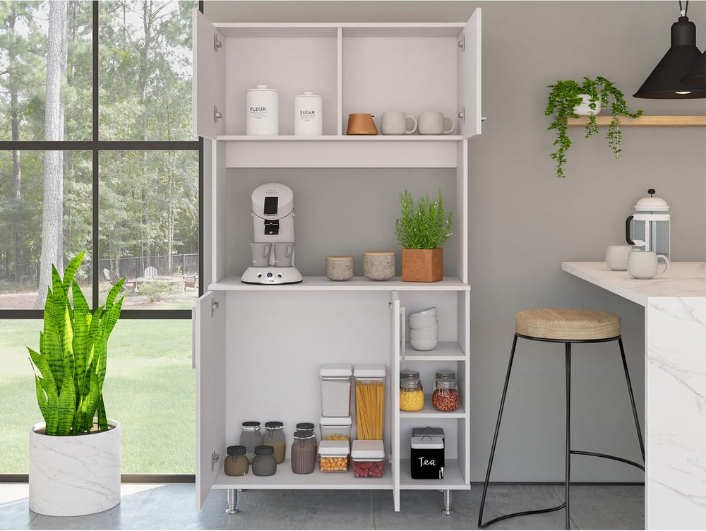 Kitchen Pantry Double Door Cabinet, Four Legs, Three Shelves, White