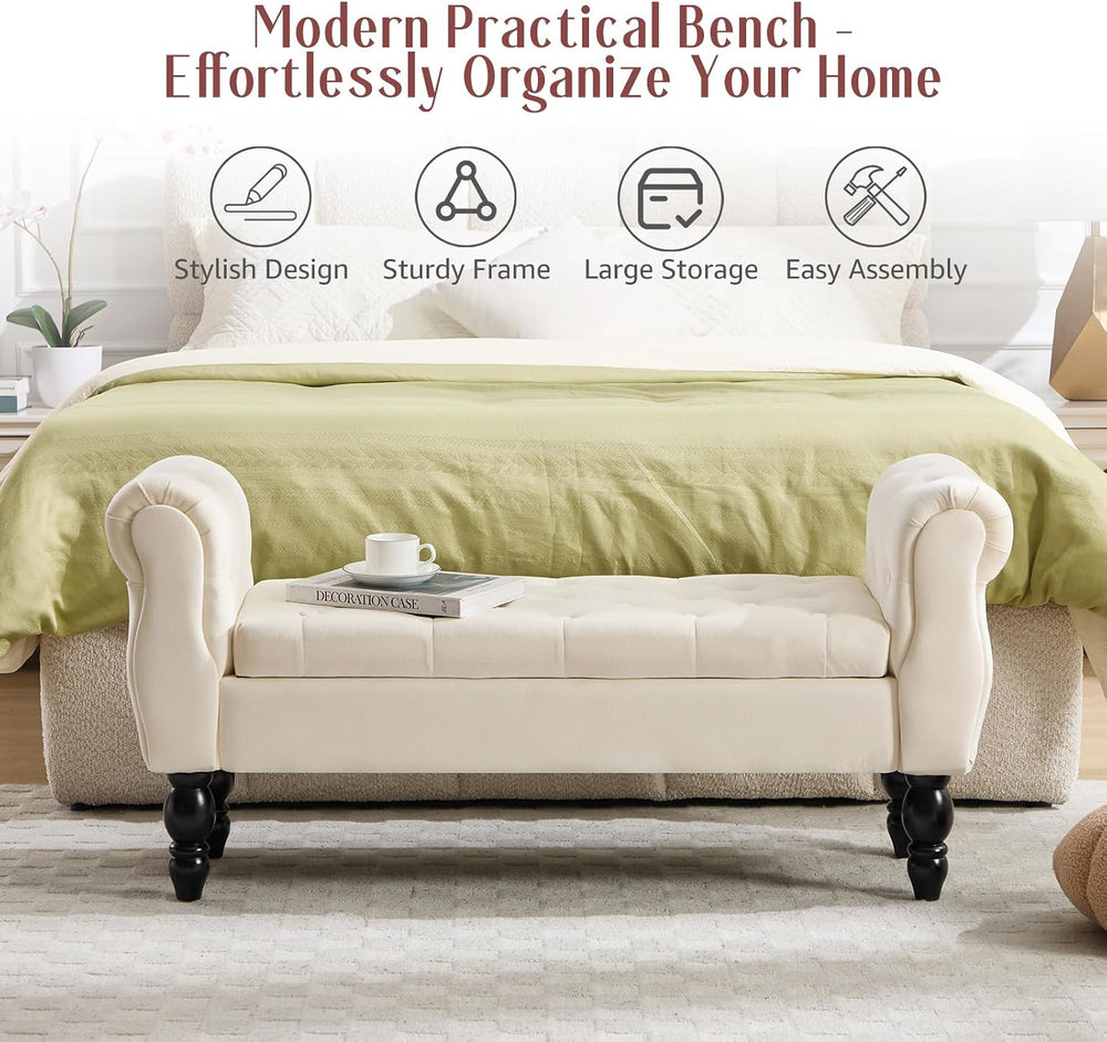 47.6" Storage Bench for End of Bed Bedroom, Velvet Ottoman Bench with Ar...