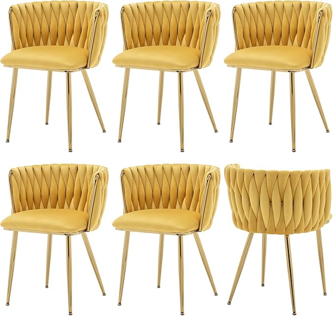 Velvet Dining Chairs Set of 6, Modern Upholstered Dining Chairs with Gold Metal Legs for Dining Room, Vanity, Kitchen, Living Room(Yellow)