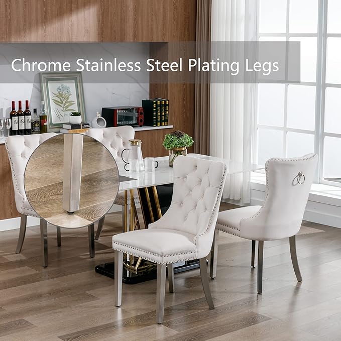 Velvet Dining Chairs Set of 6, Upholstered Dining Room Chairs with Back Ring Pull Trim and Sliver Stainless Steel Legs,Modern Kitchen Chairs Perfect for Dining Room,Living Room,Kitchen(Beige)