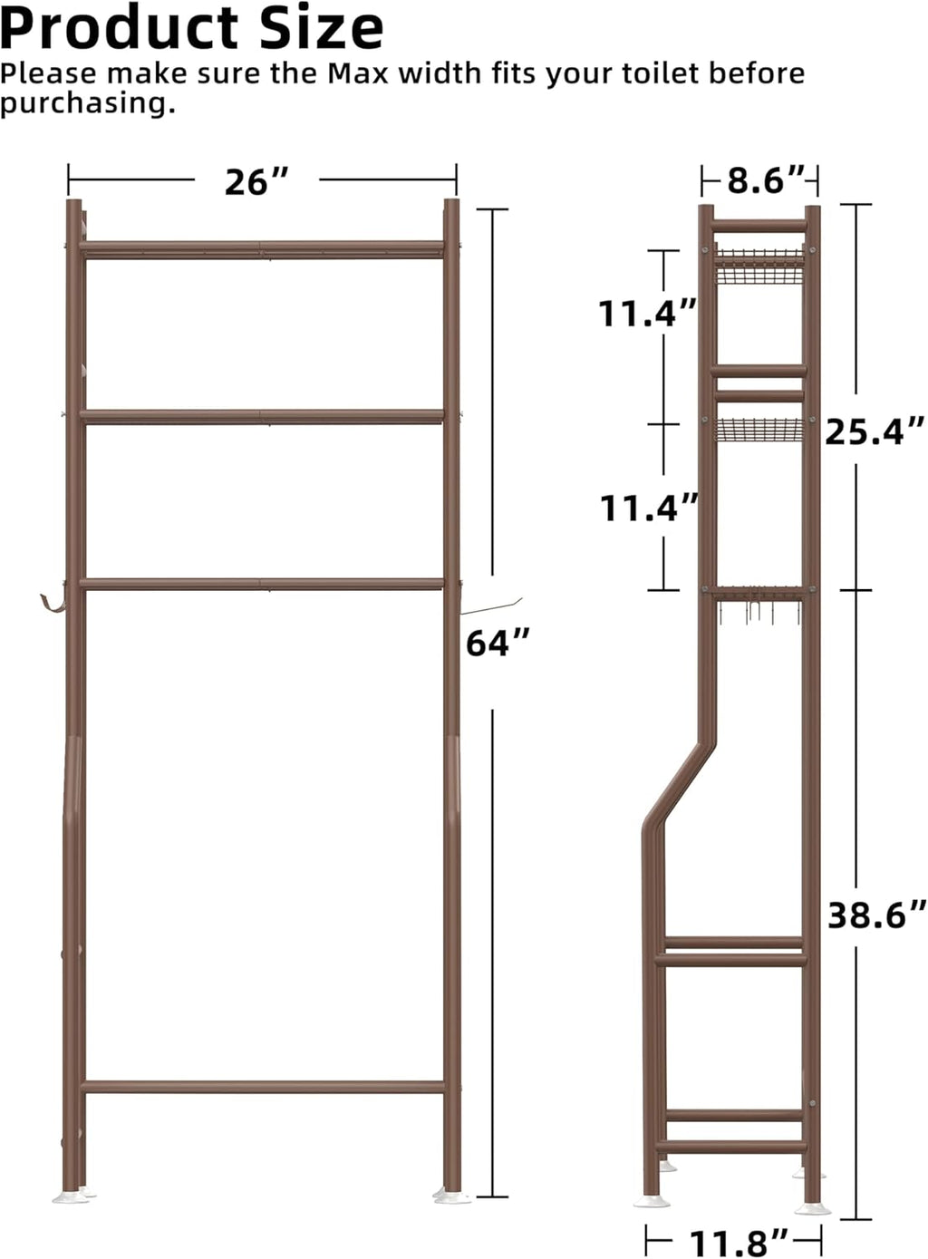 3-Tier Over The Toilet Storage, Freestanding Metal Bathroom Shelves with 4 Hooks, Over Toilet Storage Shelf with Paper Holder, Above The Toilet Shelf for Bathroom Storage, Bronze