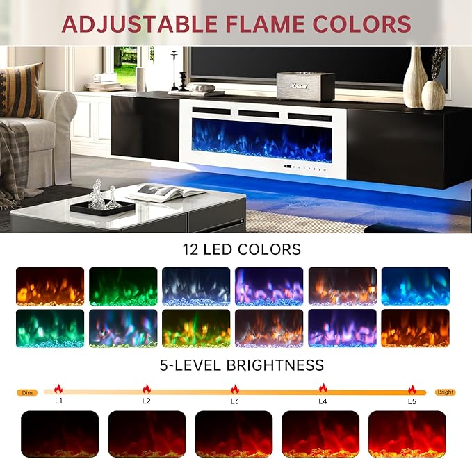 MXV 80'' Floating TV Stand, Modern Media Entertainment Center with 40" Electric Fireplace, TV Console Cabinet Wall Mounted, Adjustable 12-Color LED Lights, for Living Room, Black + White