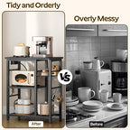 YATINEY Movable Bakers Rack, Microwave Stand with Charging Station, Kitchen Storage Rack with Hooks and Basket, Casters and Adjustable Feet, for Small Space, Kitchen, Dining Room, Black HB04UBB