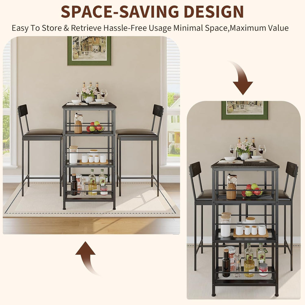 3-Piece Bar Table Set with 2 Bar Stools, Built-in Wine Rack and 3-Tier Storag...