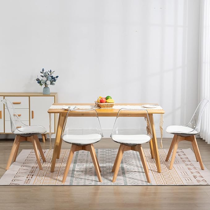 Clear Dining Chairs Set of 2, Modern Acrylic Dining Chair Transparent Chairs with PU Leather Cushions Seat & Wood Legs, Side Chairs for Dining Room Kitchen Restaurant Balcony (White)