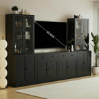 TUSY 71" TV Stand Storage Set - 2 Tall Bookcases & 2 Side Cabinets, Media Console with Glass & Wood Doors, Entertainment Center with Drawers, Tall Media Console for Living Room (Black, AEEA)