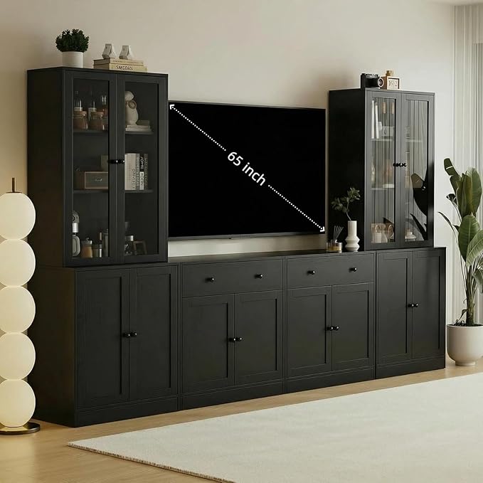 TUSY 71" TV Stand Storage Set - 2 Tall Bookcases & 2 Side Cabinets, Media Console with Glass & Wood Doors, Entertainment Center with Drawers, Tall Media Console for Living Room (Black, AEEA)