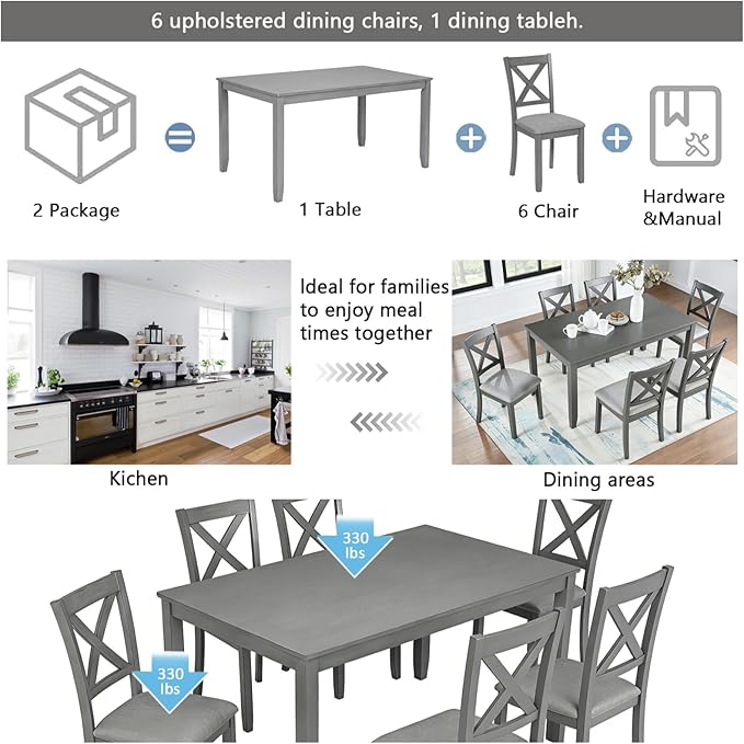 7-Piece Dining Table Set for 6, Wooden Kitchen Set with Rectangular Grey Table, 6 Upholstered X-Back Chairs, Modern Living Room Dinner Set with Ergonomic Comfort Seating for Home, Grey