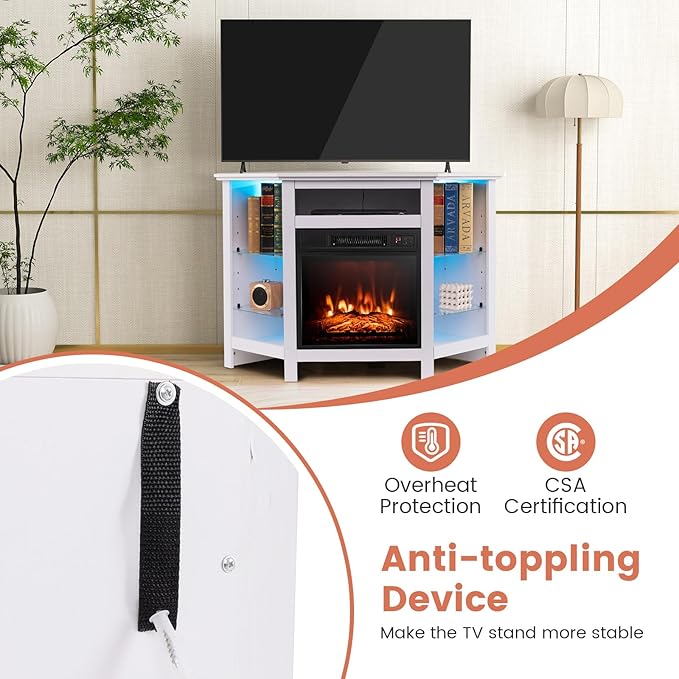 RELAX4LIFE Corner Fireplace TV Stand - Electric Fireplace Entertainment Center w/Heater Insert, LED Lights, APP Control & Adjustable Shelves, Media Console Cabinet for TVs up to 50’’ (White)