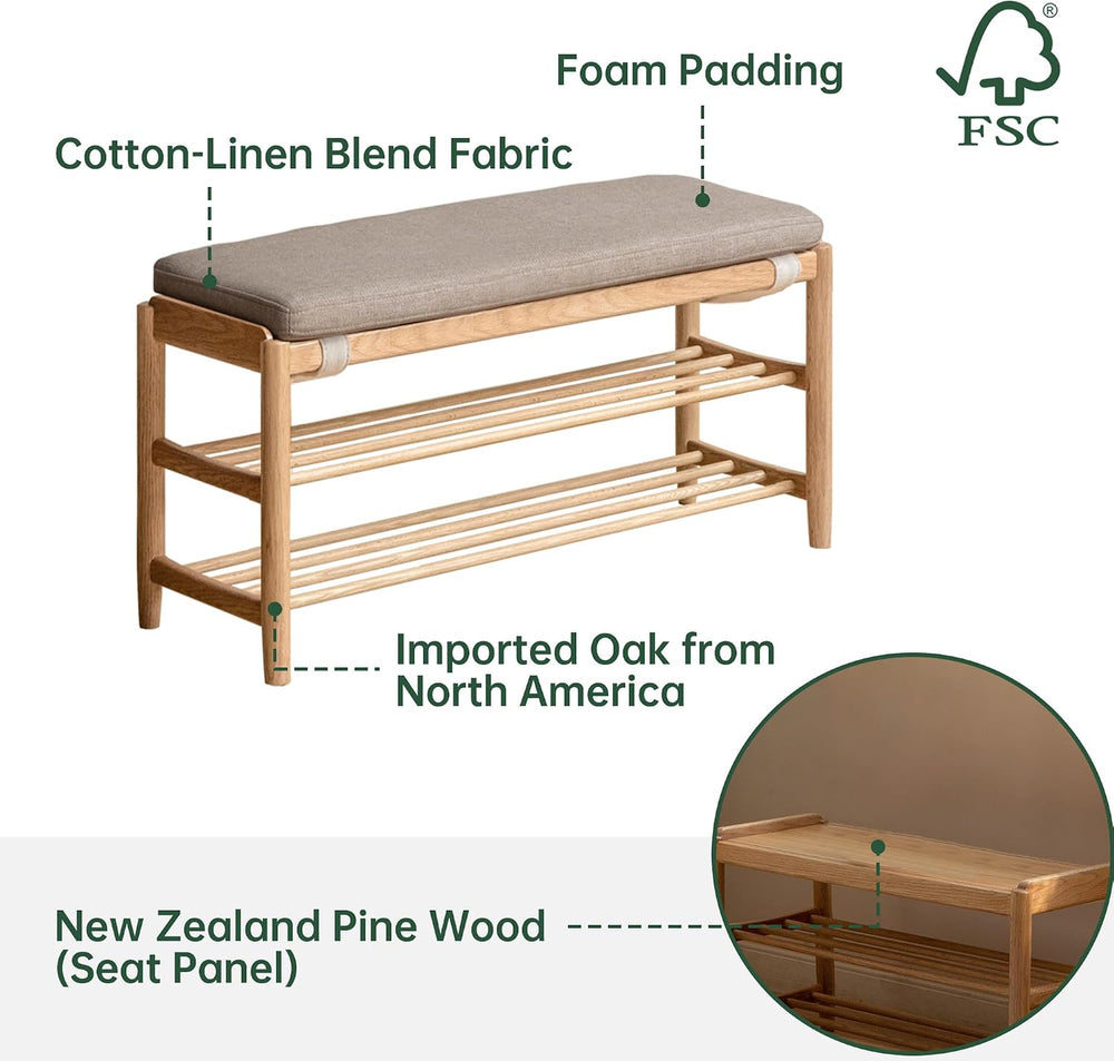 YESWOOD Solid Wood Shoe Bench Assembled, Shoe Rack Bench with Cushion for Ent...