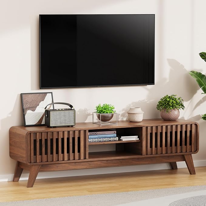 59" TV Stand for 55/60/65 inch TV, 2 Cabinets Mid Century Modern TV Stand, Wood Entertainment Center with Storage, TV and Media Console for Living Room, Bedroom, Office (Walnut)