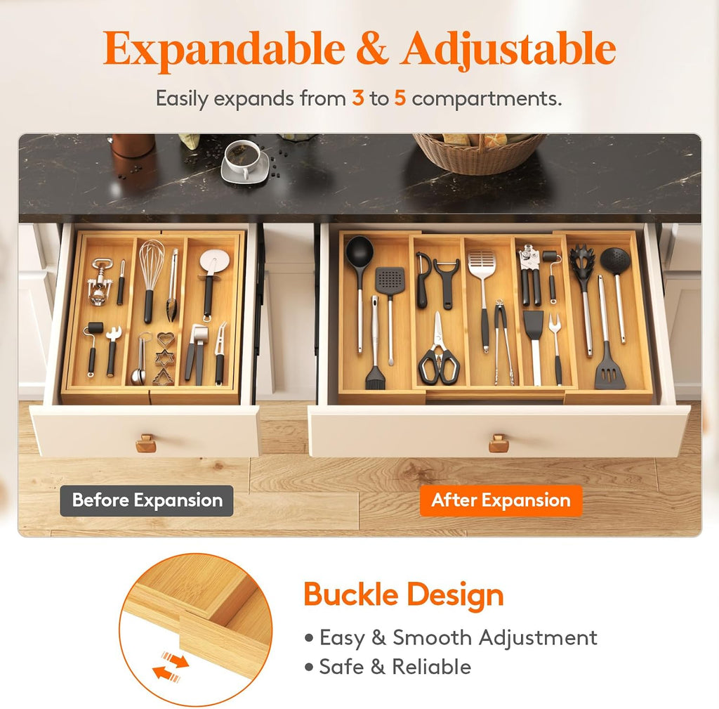 Lifewit Utensil Organizer for Kitchen Drawer, Expandable Cooking Utensil Tray, Cutlery Silverware Flatware Holder, Wood Adjustable Spatula Tools Storage Divider, 15.6-28 x 18.5, Natural