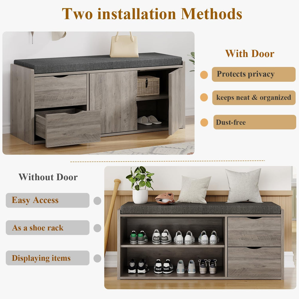 LVB 2-Tier Storage Bench with Padded Cushion, Entryway Shoe Bench with 2 Draw...
