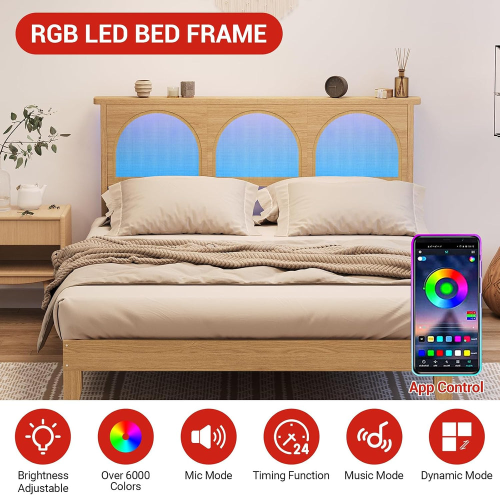 Queen Size Curved Rattan Headboard Platform Bed, Deluxe Bed with Built-in RGB...