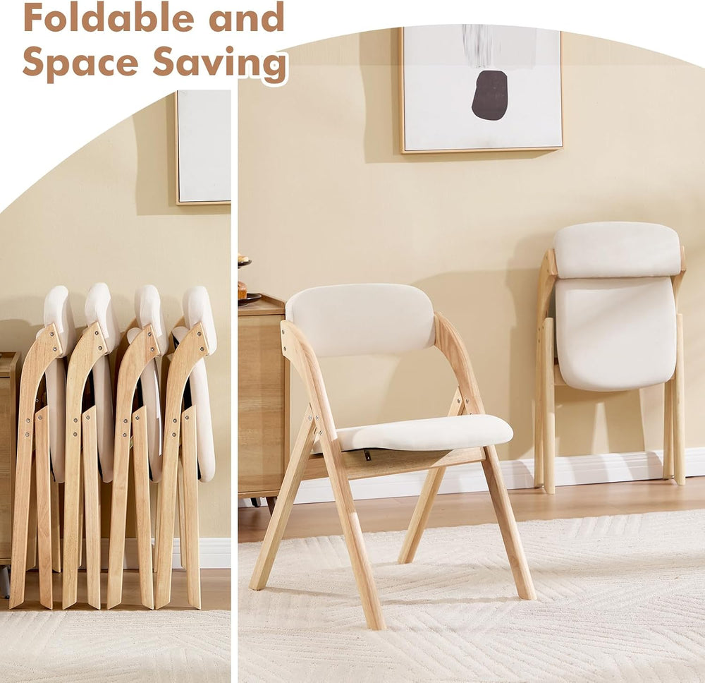 Folding Chairs with Cushion Set of 4,Linen Padded Foldable Dining Chairs, Raw...