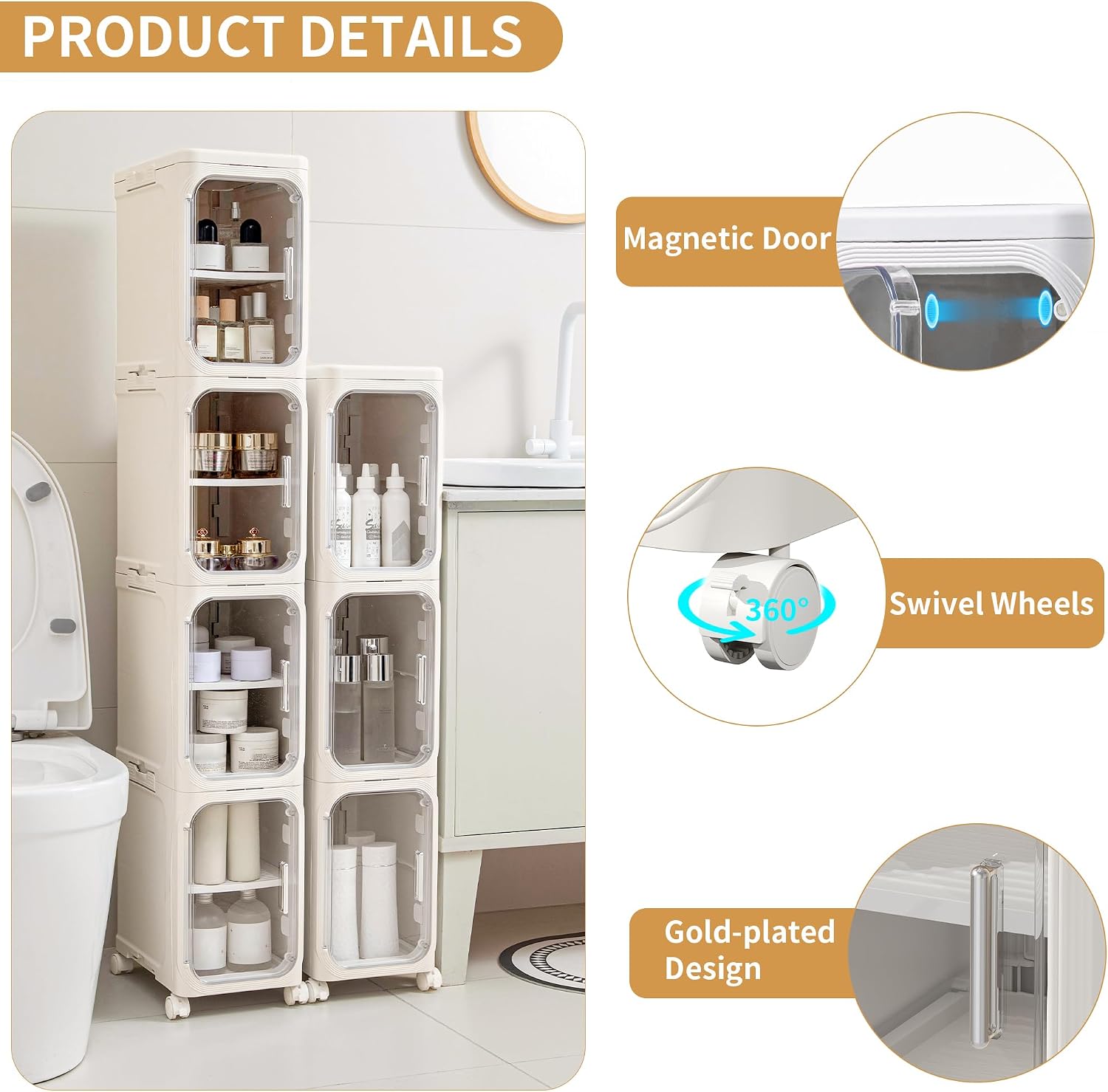 3-Tier Slim Narrow Bathroom Storage Cabinet, Cream White | Tool Free Assembly, Adjustable Shelves, Fits for Narrow Spaces, Reinforced Stability, Magnetic Clear Door