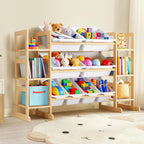Wooden Toy Storage Organizer for Kids, Multi-Tier Toy Organizer with Bins & Side Montessori Bookshelves, Sturdy Natural Wood Playroom Storage Solution for Toys, Books, Games