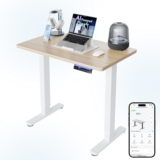 HUANUO 32 inch Electric Standing Desk with Smart APP, Alexa & Google Voice Control, Wi-Fi, Adjustable Height, 6 Memory Settings, Sedentary Reminder, Posture & Neck Care, Sit-Stand Desk, Light Walnut