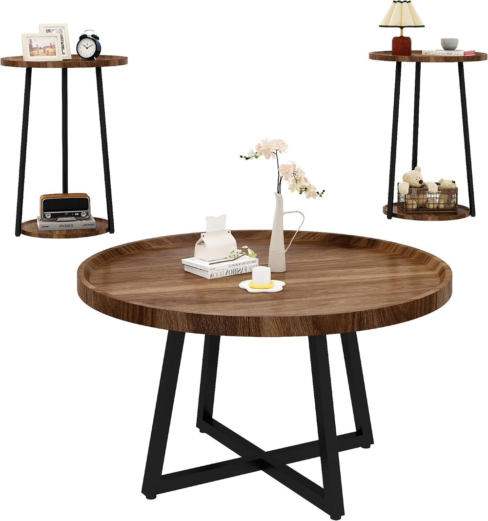 AWQM Coffee Table and End Table Sets, Round Coffee Table Set & 2 End Side...