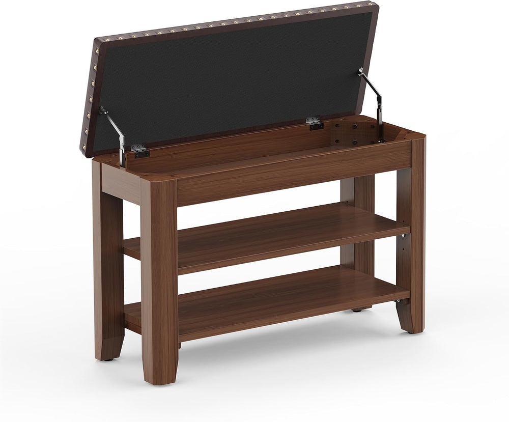 Shoe Bench for Entryway, Solid Rubberwood Shoe Bench with Hidden Storage, Adj...