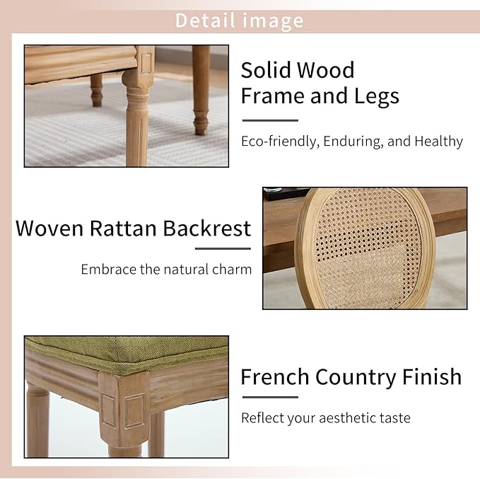 French Country Dining Chairs Set of 2, Olive Green Kitchen & Dining Room Chairs Set of 2, Rattan Dining Chairs, Cane Back, Wood Legs, Sillas De Comedor (Rattan, Olive Green, 2Pcs)