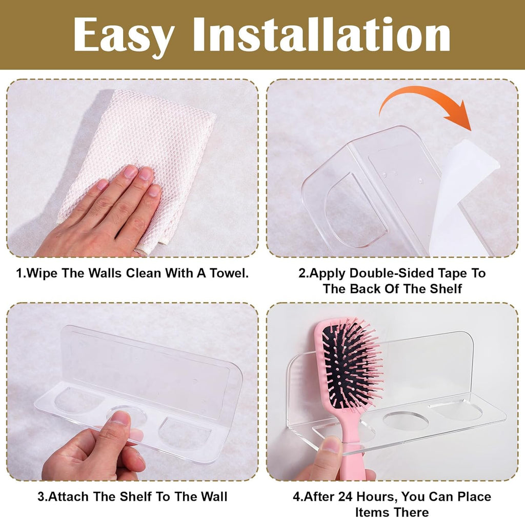 Bathroom Hair Brush Holder Wall Mounted Hair Brush Organizer with 3 Holes Non Perforated Wall Mounted Shaver Storage Rack for Combs, Curling Irons, Razors