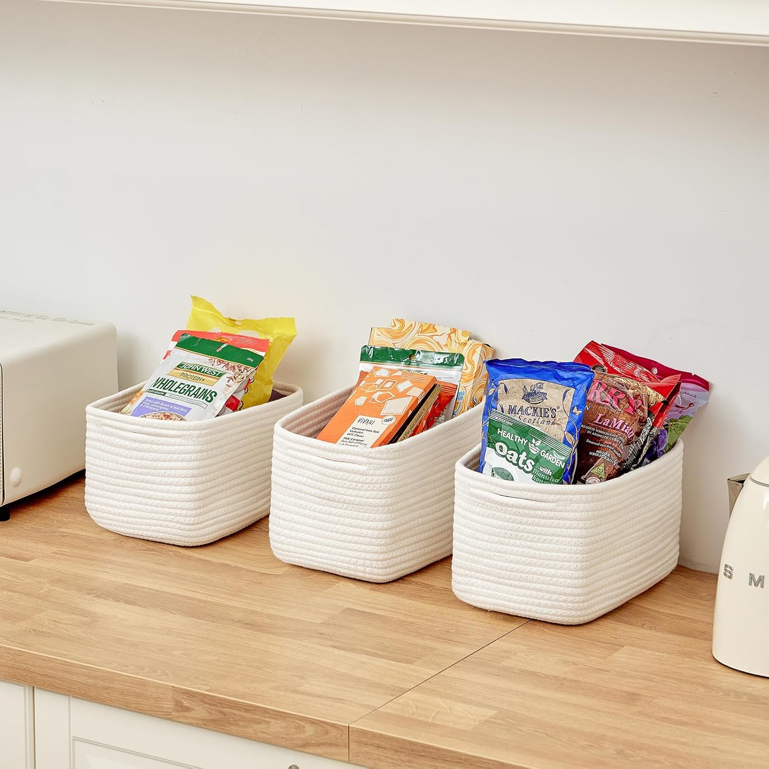 Small Cotton Rope Basket – Storage Bin for Organizing (10.6" x 6.7" x 6.7"), Bathroom Storage Basket for Shelf, Counter & Closet（White）