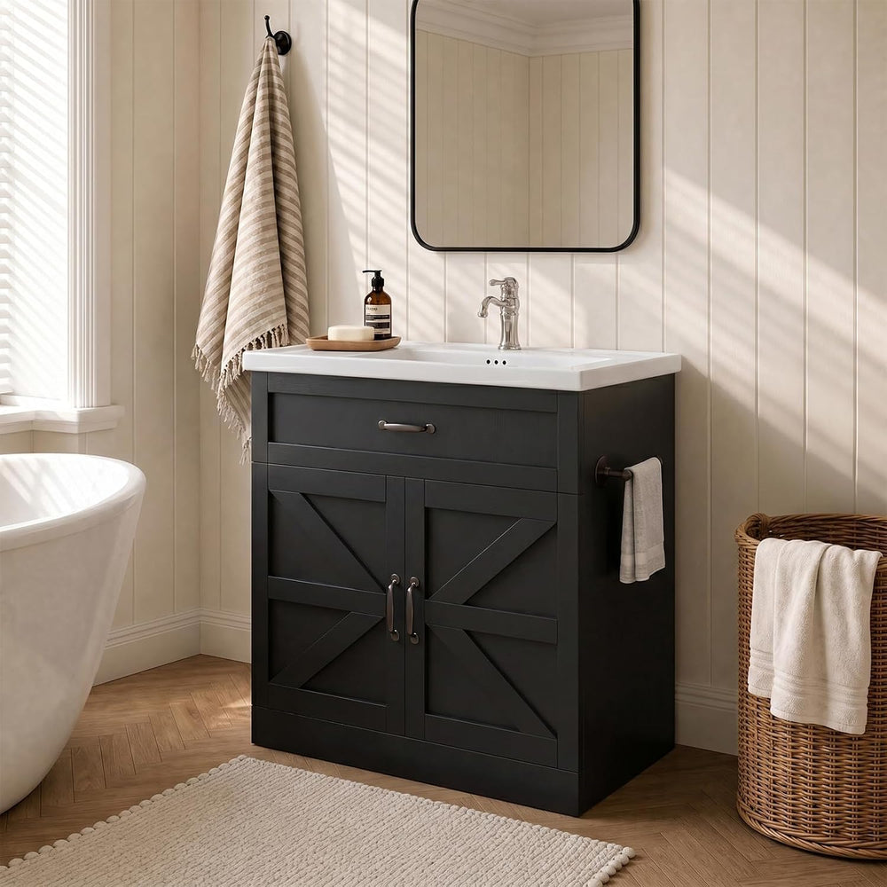 31 Inch Bathroom Vanity with Sink, Drawer and Barn Doors Cabinet, Black | Far...