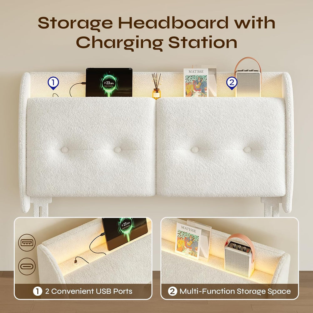 Pinmoco Queen LED Wingback Headboard with Storage & Charging, White