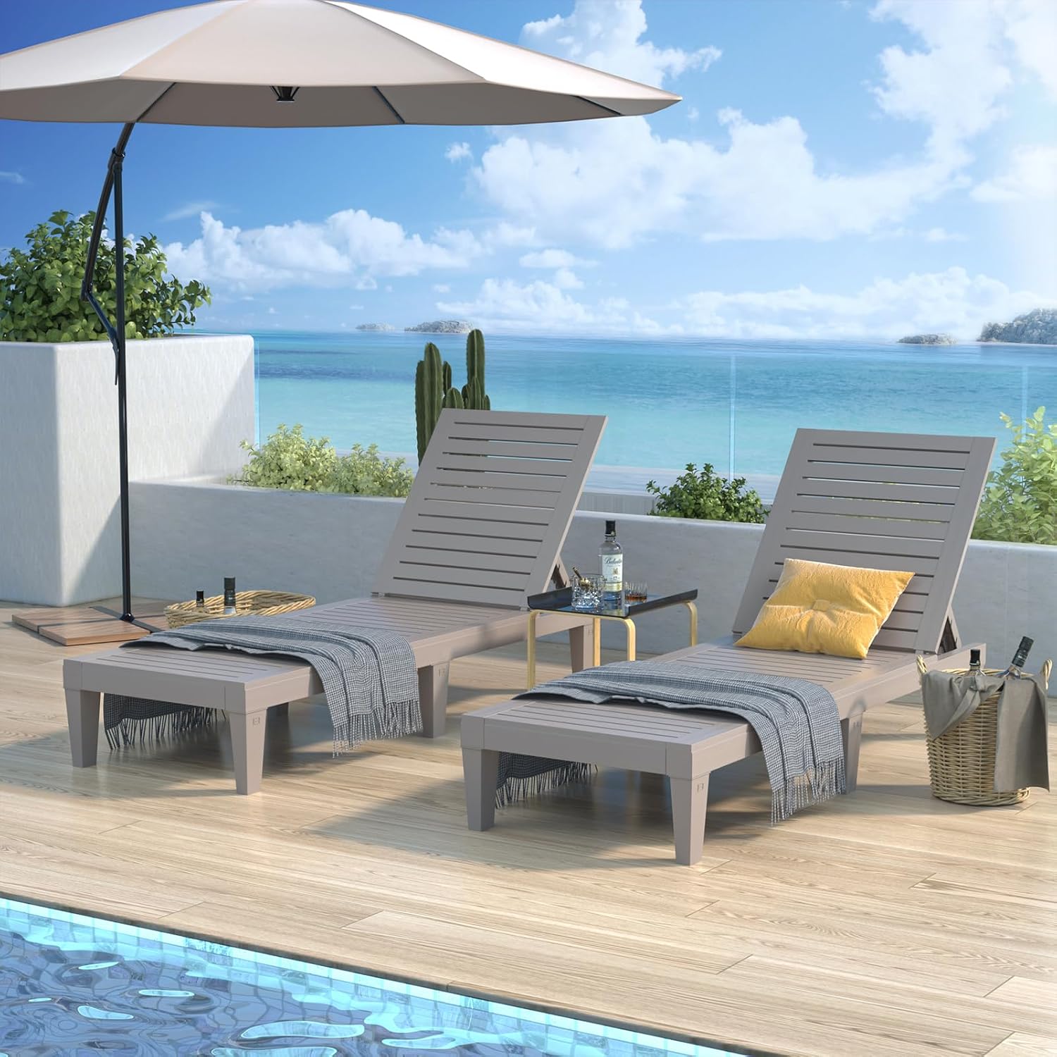 Outdoor Chaise Lounge Chairs Set of 6 for Poolside Patio Outside | Resin Weather-Resistant Sun Lounger with 5-Position Backrest, Tanning Chair for Pool Sunbathing Outside Deck Beach, Taupe