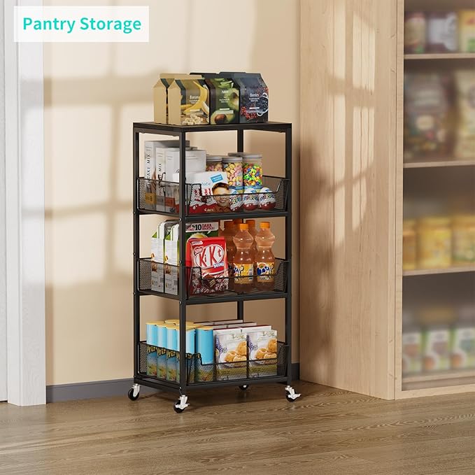 HapiRm Fruit Basket Kitchen Cart - 4-Tier Rolling Storage Cart with Wheels, Fruit Vegetable Basket with Wood Top, Pantry Utility Kitchen Organizer for Fruit Potato Onion Vegetable Bread Snack