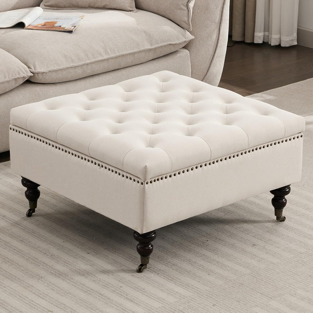 Large Square Storage Ottoman Uphlostered Tufted Button Coffee Table, Beige