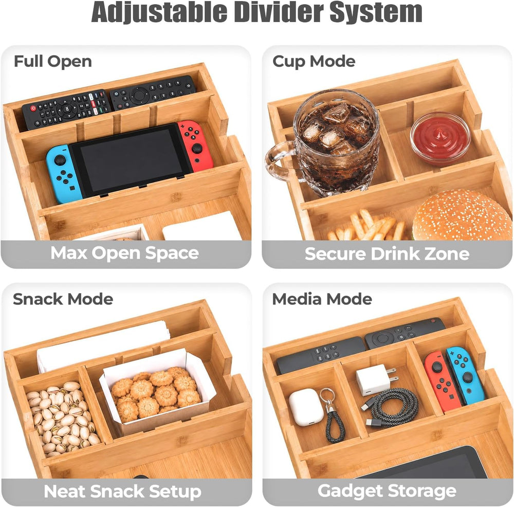 Couch Tray, 2-in-1 Insert & Flat Sofa Organizer Bamboo with Adjustable Cu...