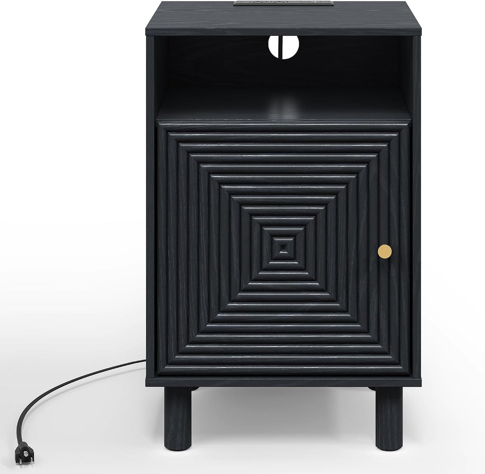 RoyalCraft Black Nightstand with Charging Station, End Table with Storage | M...