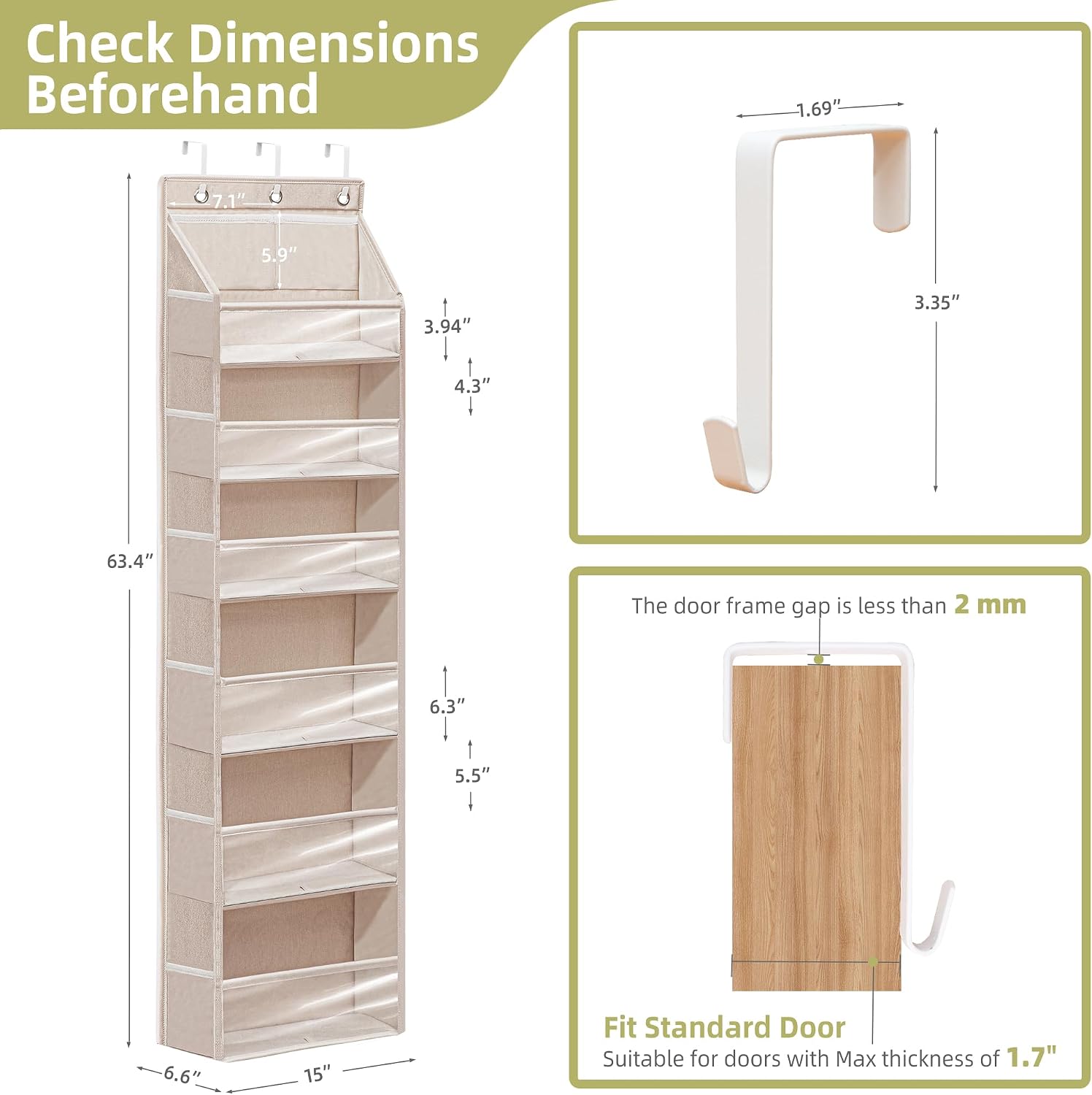 Over Door Organizer with 6 Extra Large Pockets 12 Side Pockets, 2-Pack Sturdy Closet Rack, Hanging Storage Organizer with Clear Window for Shoes, Diapers, Bedroom, Bathroom, Beige