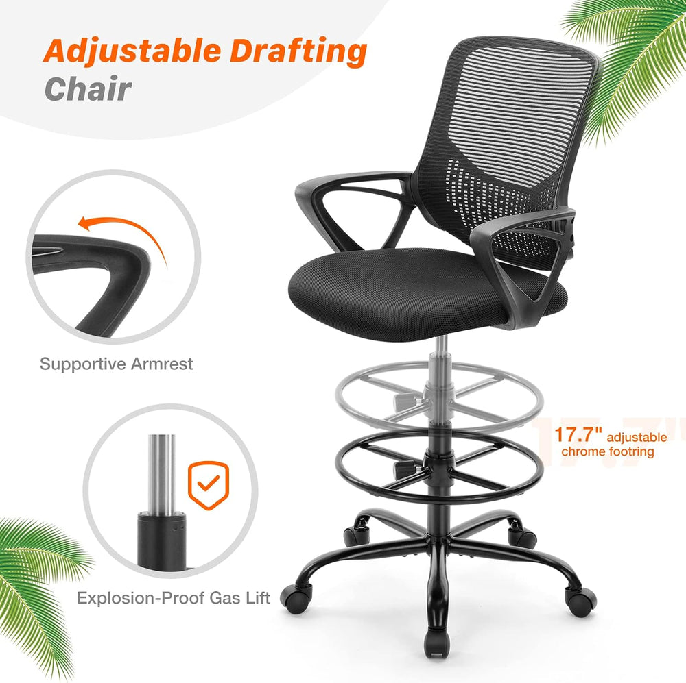 AFO Mid-Back Mesh Tall Drafting Stool Office Chairs with Armrest for Standing...
