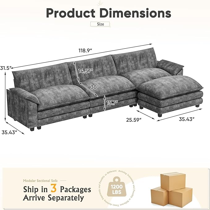 Furniwell 119" Modular Couch 3-Seat Sofa with Reversible Ottoman, Cloud Couch L Shaped Sofa with Deep Seat, Chenille Sectional Couches for Living Room